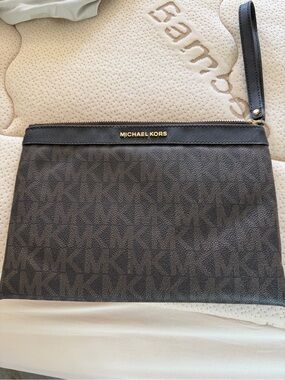 Michael Kors Brown and Black MK Logo Wristlet Clutch